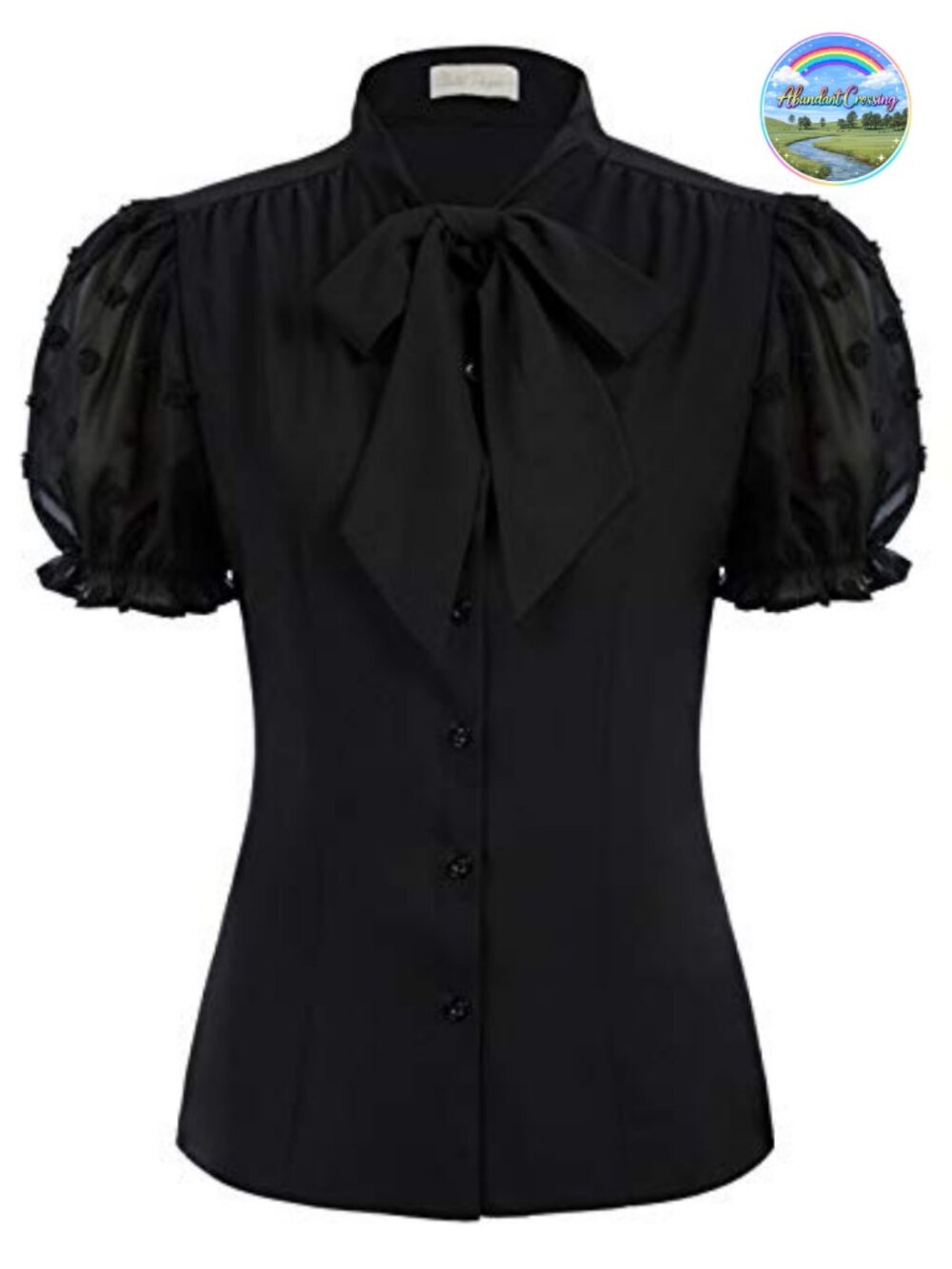 Mesh Puff Sleeve Blouse Vintage Bow Tie Business Top